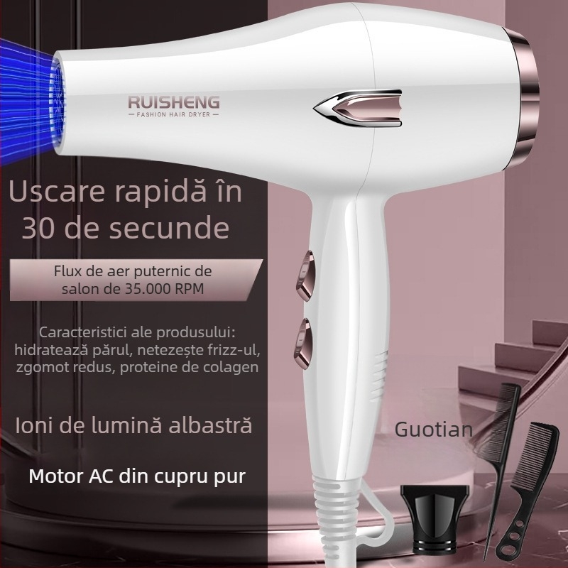 Uscător de păr cu motor cu perie, 5000W, aer cald/rece, 220V, lumină albastră cu ioni negativi