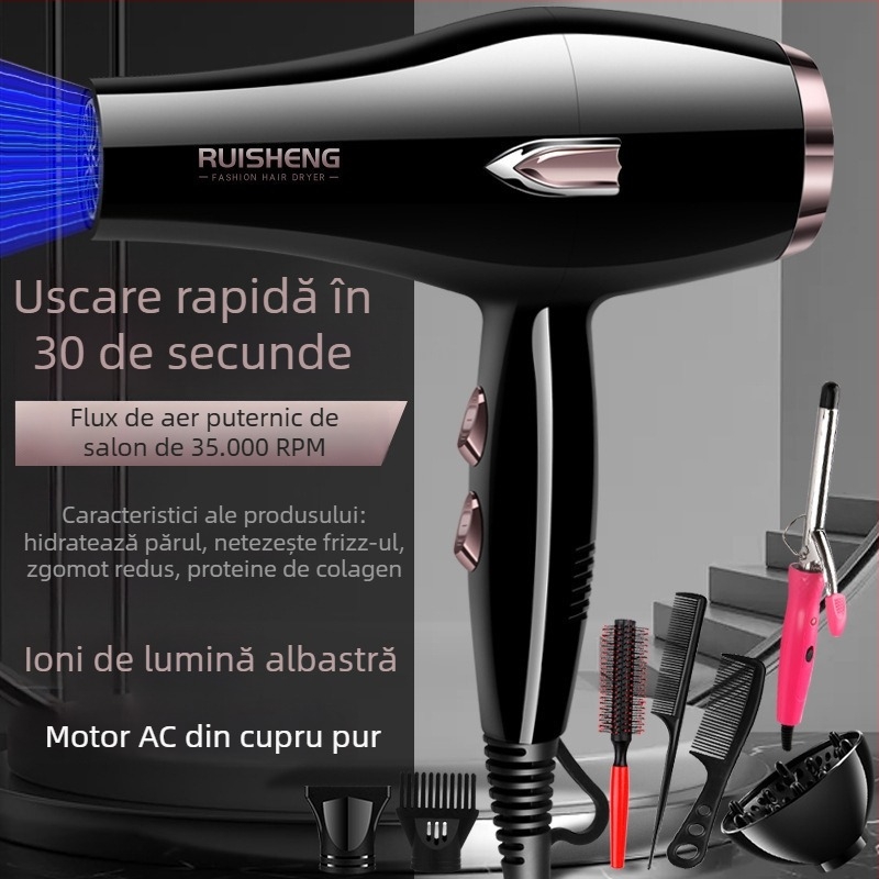 Uscător de păr cu motor cu perie, 5000W, aer cald/rece, 220V, lumină albastră cu ioni negativi
