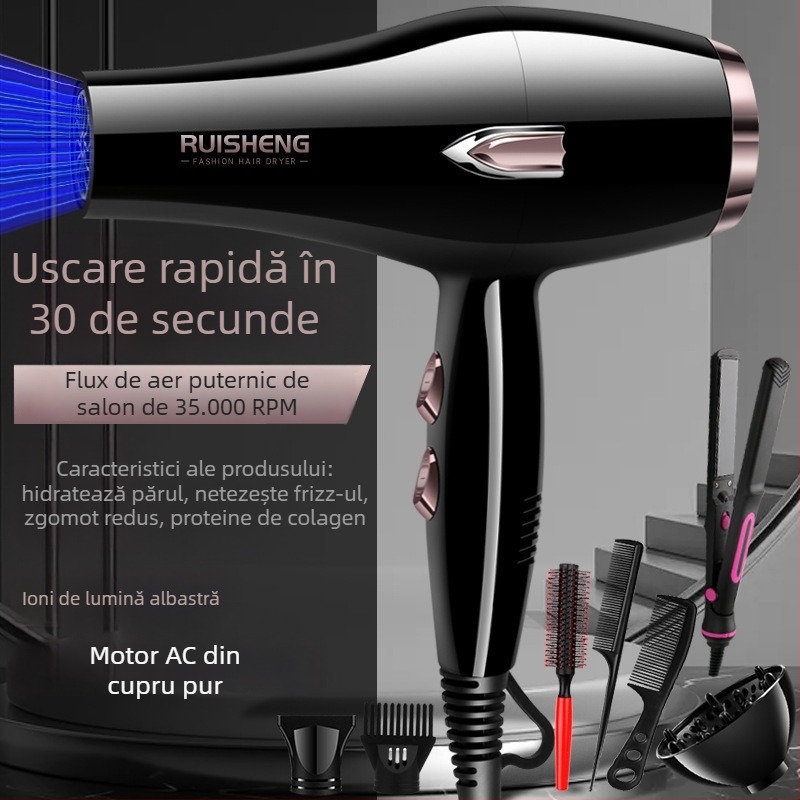 Uscător de păr cu motor cu perie, 5000W, aer cald/rece, 220V, lumină albastră cu ioni negativi