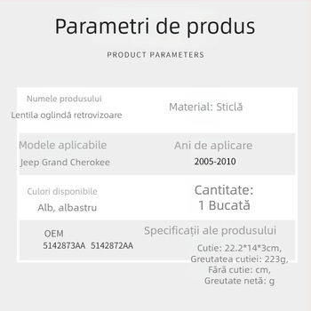 Sticlă pentru oglinda retrovizoare exterioară Jeep Grand Cherokee 05-10 – oglindă plată, numere de piese 5142873AA 5142872AA