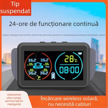 Monitor TPMS pentru presiunea pneurilor cu afișaj timp și temperatură, senzor auto wireless alimentat solar, universal