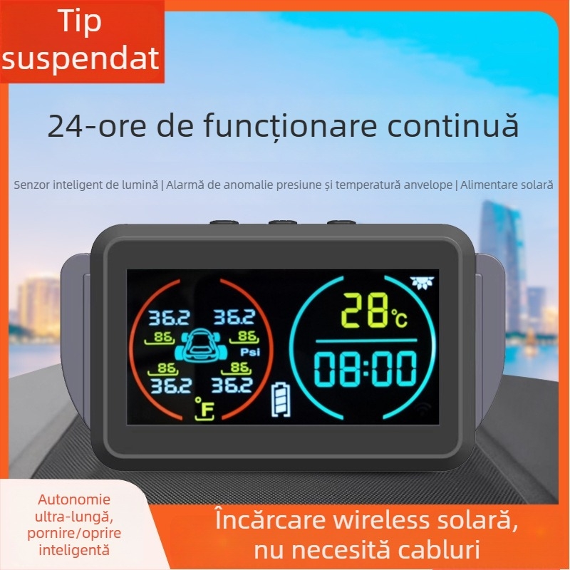Monitor TPMS pentru presiunea pneurilor cu afișaj timp și temperatură, senzor auto wireless alimentat solar, universal