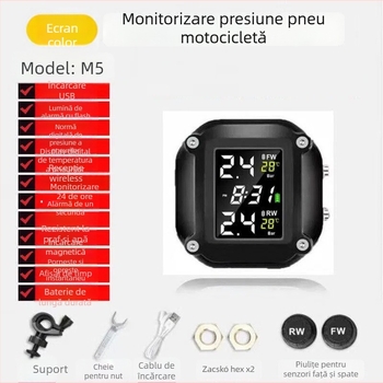 Sistem de monitorizare a presiuniei în pneuri pentru motocicletă M5, cu afișaj digital, interval 0-8 bar, înaltă precizie