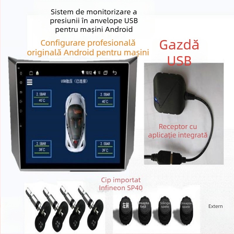 Sistem TPMS pentru autoturism, model T08, montaj încorporat, afișaj digital, interval presiune 1,4–3,3 Bar, senzor de înaltă precizie