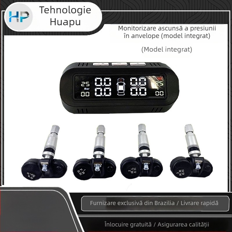 Sistem ascuns de monitorizare a presiuniei pneurilor, wireless, alimentat solar, încorporat, cu afișaj digital, senzor electronic, 0-3,5 bar, precizie înaltă, compact