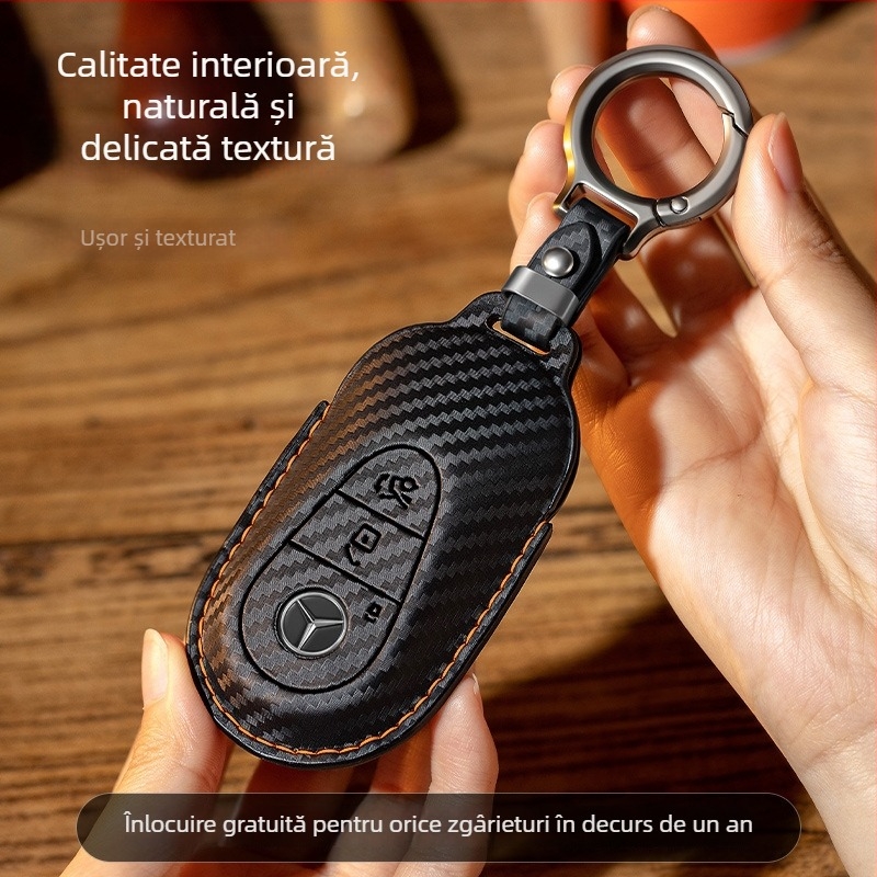 Husă pentru cheie Mercedes-Benz cu model fibră de carbon, piele sintetică din microfibră, stil premium, compatibilă cu E300L, C260L, C200L, GLA, GLC, GLE