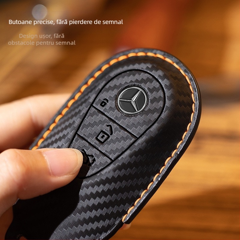 Husă pentru cheie Mercedes-Benz cu model fibră de carbon, piele sintetică din microfibră, stil premium, compatibilă cu E300L, C260L, C200L, GLA, GLC, GLE