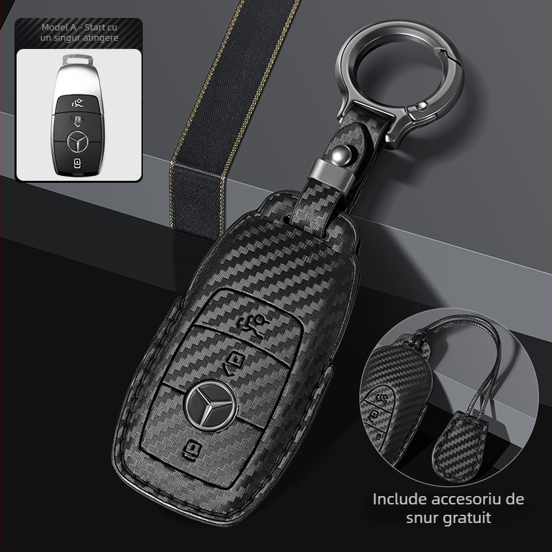 Husă pentru cheie Mercedes-Benz cu model fibră de carbon, piele sintetică din microfibră, stil premium, compatibilă cu E300L, C260L, C200L, GLA, GLC, GLE