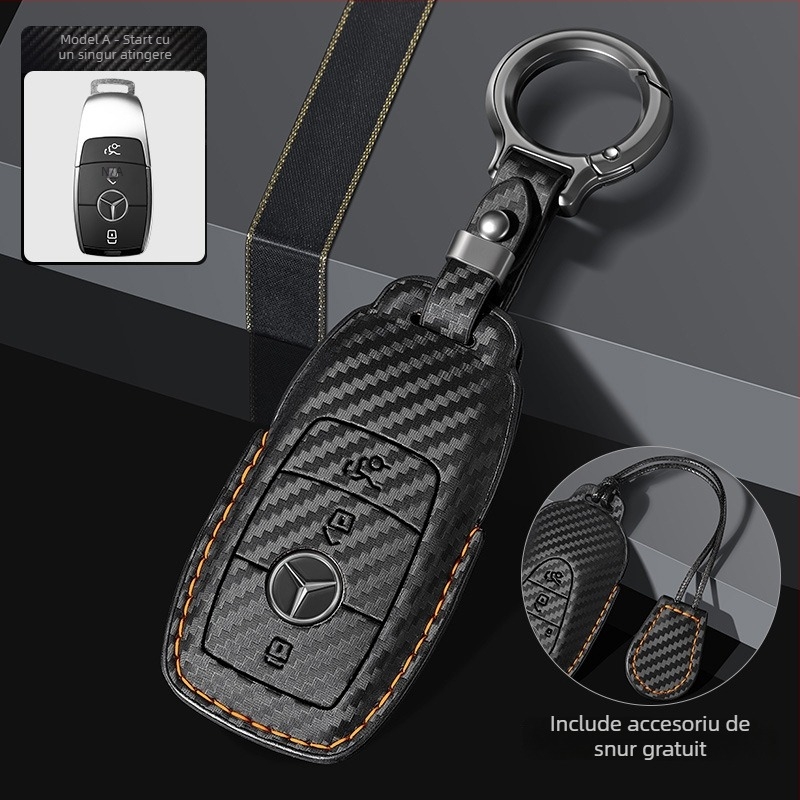 Husă pentru cheie Mercedes-Benz cu model fibră de carbon, piele sintetică din microfibră, stil premium, compatibilă cu E300L, C260L, C200L, GLA, GLC, GLE