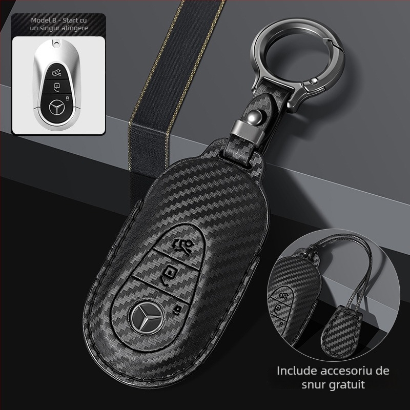 Husă pentru cheie Mercedes-Benz cu model fibră de carbon, piele sintetică din microfibră, stil premium, compatibilă cu E300L, C260L, C200L, GLA, GLC, GLE