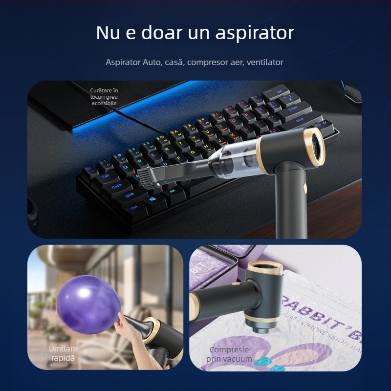 Aspirator portabil pentru mașină, 120W, USB reîncărcabil, aspirație puternică 15-20 kPa, uscat/covor