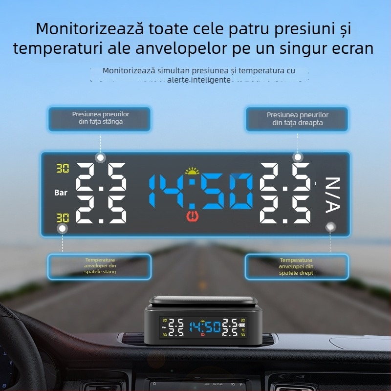 Monitor portabil pentru presiunea pneurilor, alimentat cu energie solară, fără fir, cu afișaj extern de timp