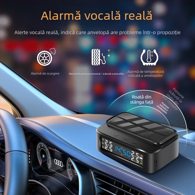 Monitor portabil pentru presiunea pneurilor, alimentat cu energie solară, fără fir, cu afișaj extern de timp