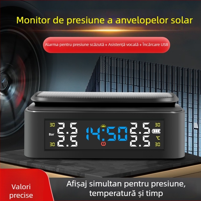 Monitor portabil pentru presiunea pneurilor, alimentat cu energie solară, fără fir, cu afișaj extern de timp
