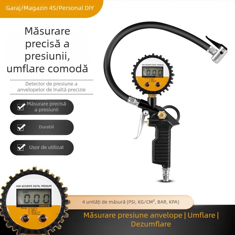 Manometru pentru presiunea în pneuri auto - electronic de înaltă precizie, afișaj digital, corp din aluminiu, funcție de dezumflare