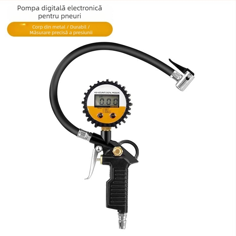 Manometru pentru presiunea în pneuri auto - electronic de înaltă precizie, afișaj digital, corp din aluminiu, funcție de dezumflare