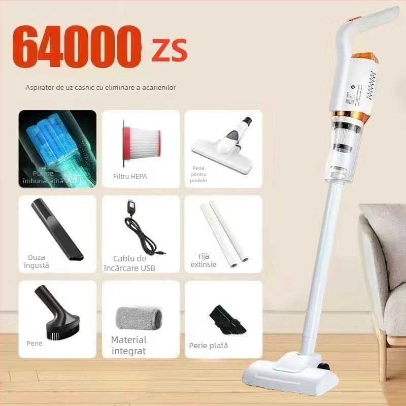 Aspirator fără fir pentru casă și mașină — aspirație înaltă >25 kPa, putere 8000 AW, baterie încorporată 1601–2000 mAh, tensiune ≤36V, autonomie 0–1 h, funcționare silențioasă