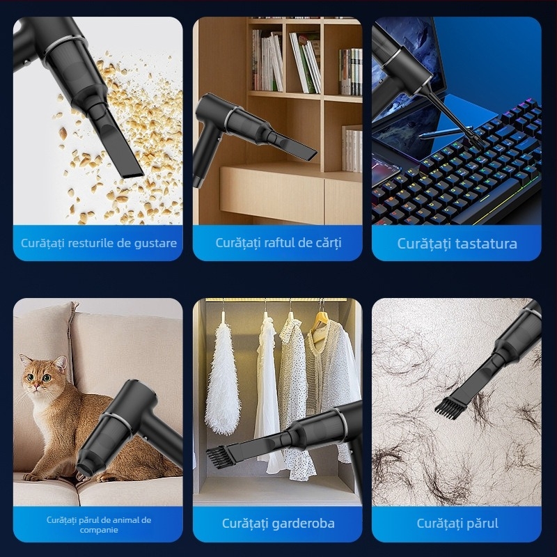 Aspirator portabil fără fir pentru mașină, alimentare USB, 60W, aspirație maximă 14 kPa, baterie încorporată, zgomot 46–70 dB, autonomie 1–3 h