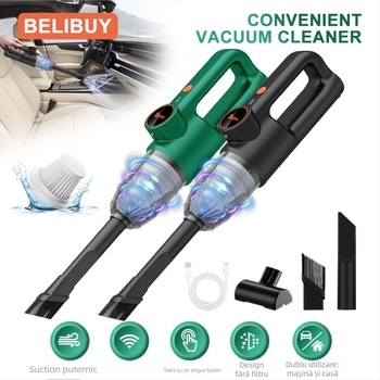 Aspirator auto portabil, fără cablu, încărcare wireless, 120W, aspirație 10.1–15 kPa, baterie încorporată 2000–2500 mAh, container pentru praf