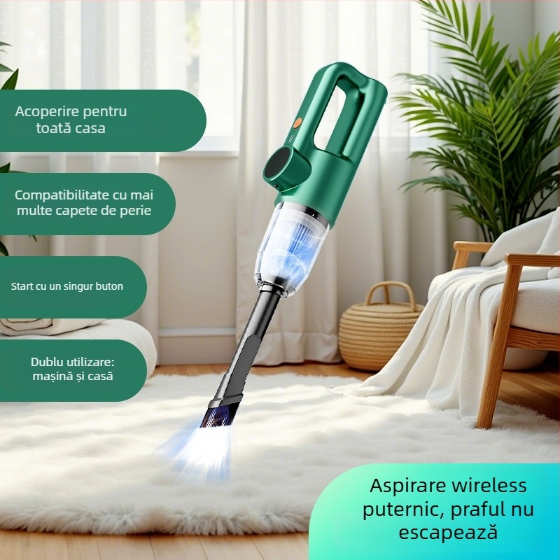 Aspirator auto portabil, fără cablu, încărcare wireless, 120W, aspirație 10.1–15 kPa, baterie încorporată 2000–2500 mAh, container pentru praf