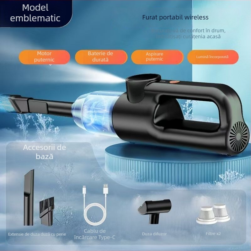 Aspirator auto portabil, fără cablu, încărcare wireless, 120W, aspirație 10.1–15 kPa, baterie încorporată 2000–2500 mAh, container pentru praf