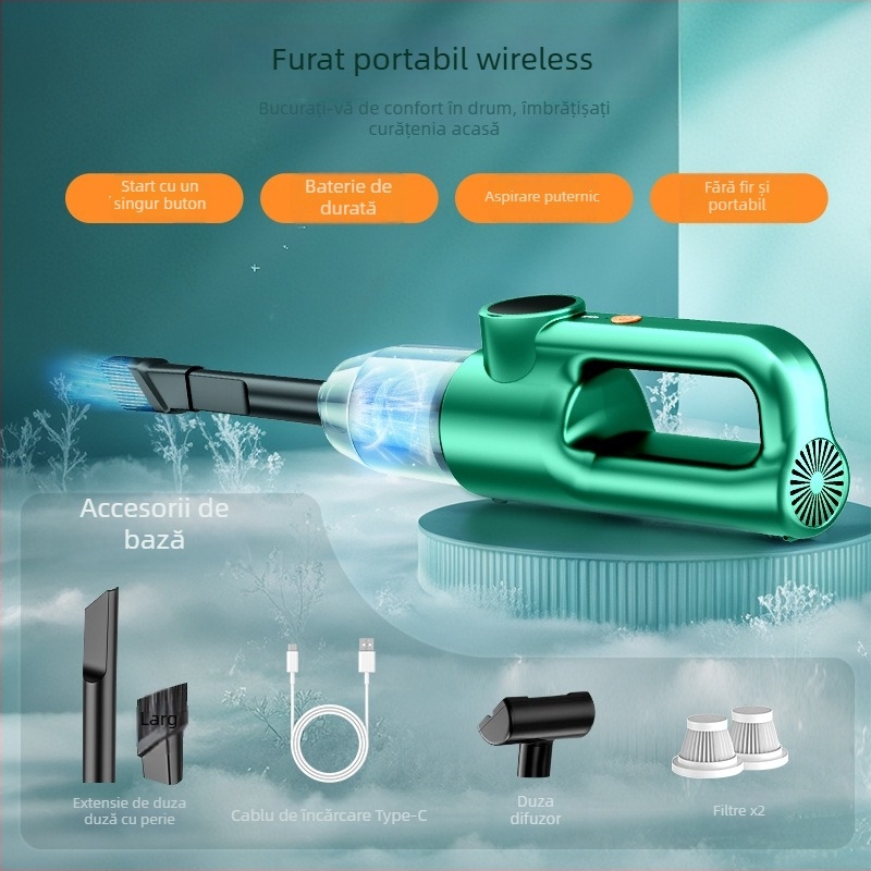 Aspirator auto portabil, fără cablu, încărcare wireless, 120W, aspirație 10.1–15 kPa, baterie încorporată 2000–2500 mAh, container pentru praf
