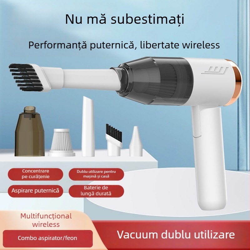 Aspirator de mașină portabil, fără fir, încărcare USB; aspirație 10,1–15 kPa; baterie încorporată 501–800 mAh; autonomie 1–3 h; zgomot 36–45 dB