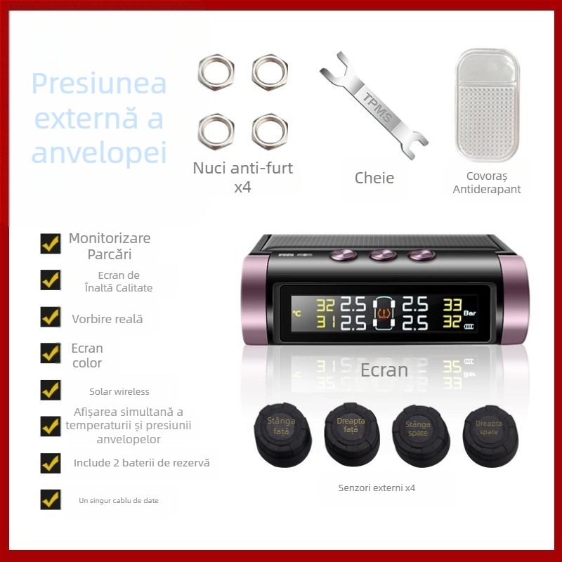 TPMS cu alimentare solară, senzor portabil și afișaj pentru monitorizarea presiunii pneurilor