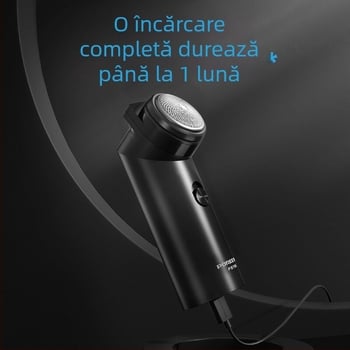 Aparat de ras electric cu o singură lamă rotativă, motor fără perii, baterie reîncărcabilă, cap detașabil și lavabil, autonomie 45–60 minute
