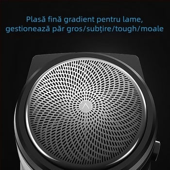 Aparat de ras electric cu o singură lamă rotativă, motor fără perii, baterie reîncărcabilă, cap detașabil și lavabil, autonomie 45–60 minute