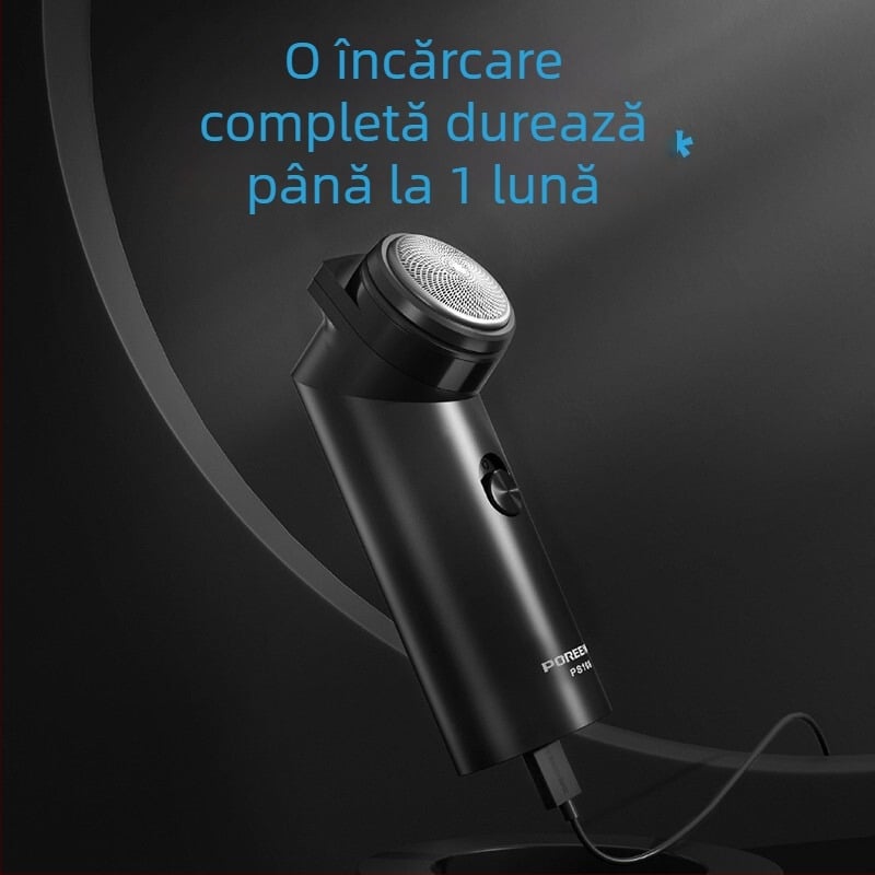 Aparat de ras electric cu o singură lamă rotativă, motor fără perii, baterie reîncărcabilă, cap detașabil și lavabil, autonomie 45–60 minute