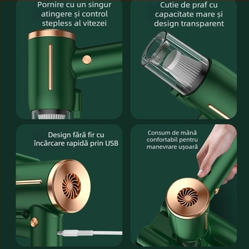 Aspirator de mână fără fir pentru casă și mașină – 2 în 1 cu duză plată și perie pentru podea – baterie încorporată, autonomie 0–1 h, aspirație <10 kPa