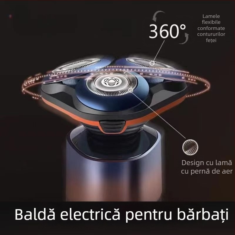 Aparat de ras electric cu cap plutitor, cap rotativ cu 3 lame, baterie încorporată reîncărcabilă, motor fără peri, cap de tăiere detașabil și lavabil