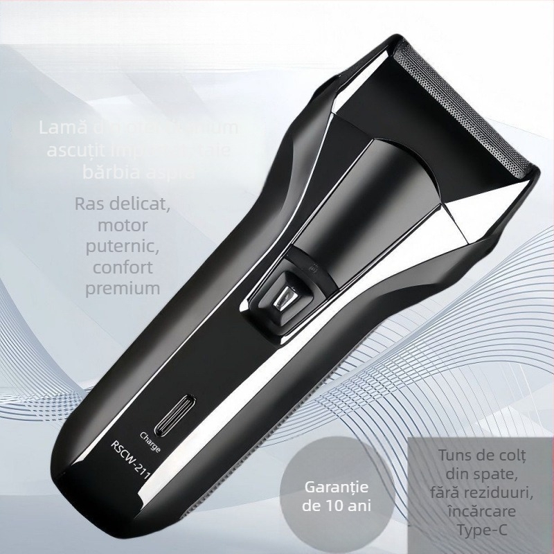 Aparat de ras electric pentru bărbați, motor fără perii, încărcare USB și capete de tăiere lavabile