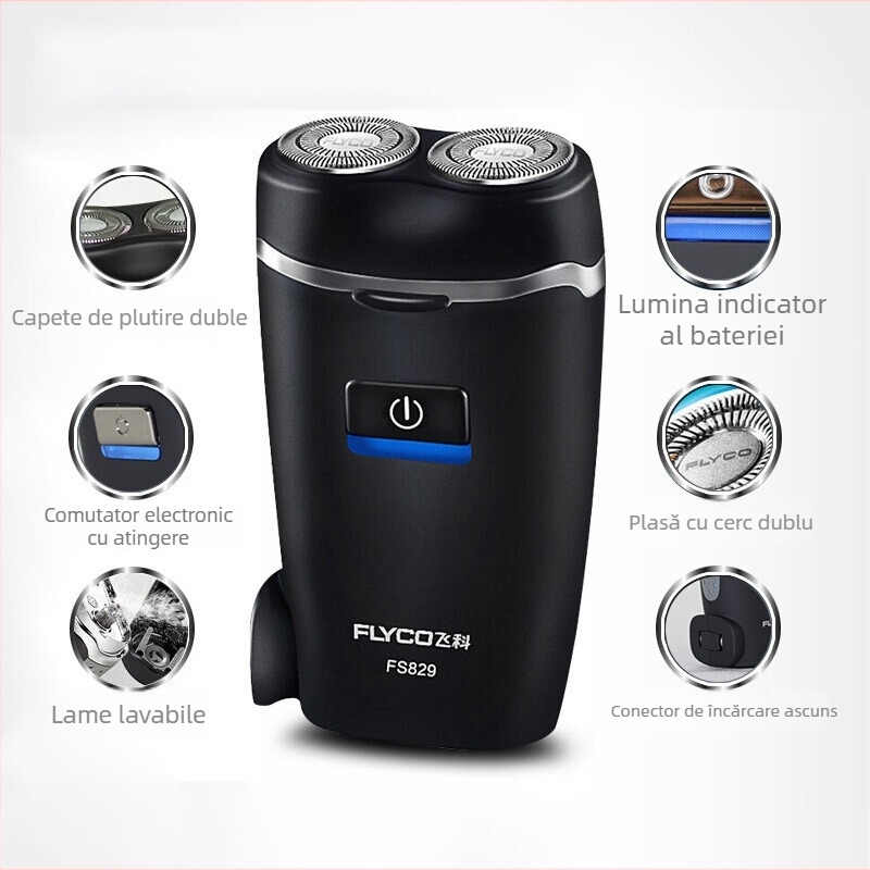 Flyco FS829 Aparat de ras electric, cap rotativ dublu, reîncărcabil cu baterie încorporată, cap detașabil și lavabil, autonomie 45-60 min