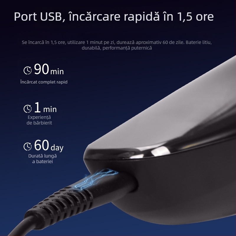 Aparat de ras electric cu capete rotative de 3, lavabil pentru întreg corpul, încărcare USB, baterie încorporată 500–800 mAh, autonomie de 60 de minute