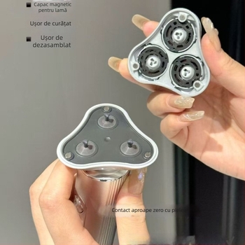 Mașină de ras electrică pentru uz casnic, cap rotativ cu trei lame detașabil și lavabil, design portabil, reîncărcabil, afișaj LED, cablu de încărcare inclus