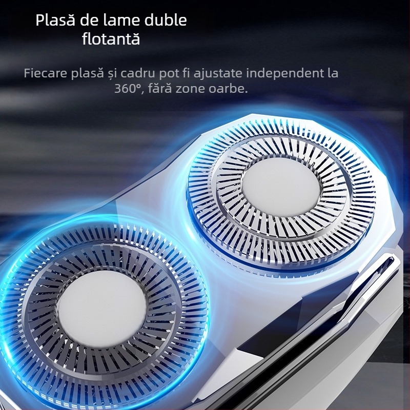 Aparat de ras electric cu cap rotativ dublu, compact și reîncărcabil, complet lavabil, pentru uscat, autonomie lungă (până la 75 de minute).