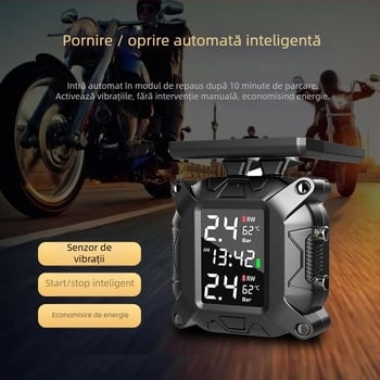 Sistem de monitorizare a presiuniei pneurilor pentru motocicletă, senzor solar wireless extern, model M7, afișaj digital, interval 0.1–6 bar