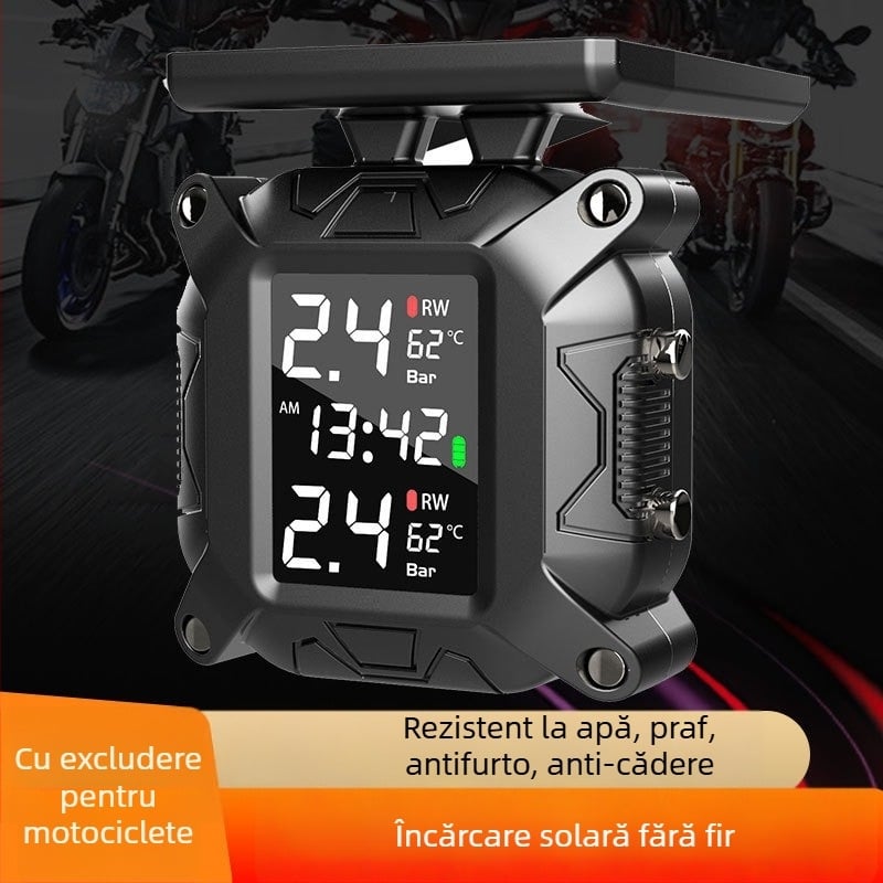 Sistem de monitorizare a presiuniei pneurilor pentru motocicletă, senzor solar wireless extern, model M7, afișaj digital, interval 0.1–6 bar