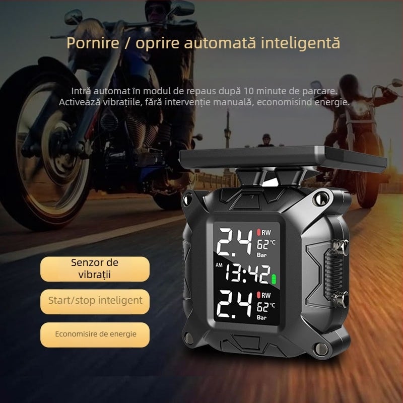Sistem de monitorizare a presiuniei pneurilor pentru motocicletă, senzor solar wireless extern, model M7, afișaj digital, interval 0.1–6 bar