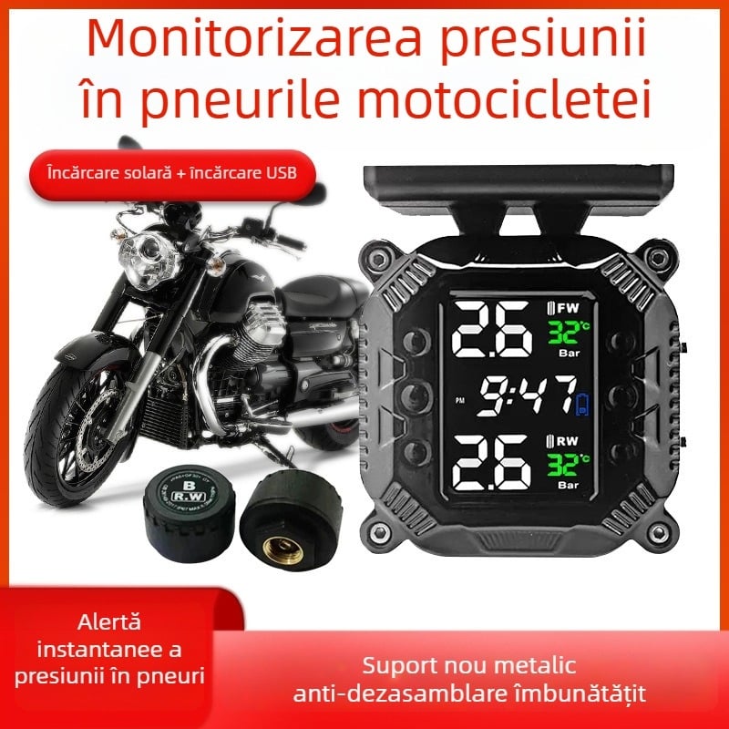 Sistem de monitorizare a presiuniei pneurilor pentru motocicletă, senzor solar wireless extern, model M7, afișaj digital, interval 0.1–6 bar