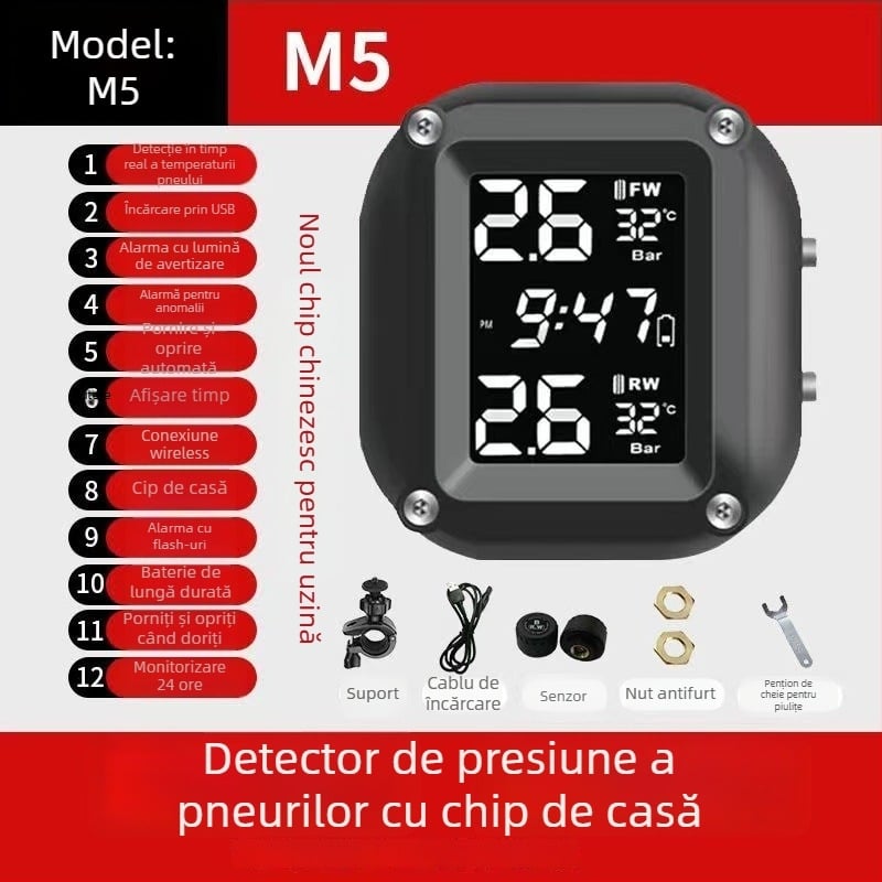 Sistem de monitorizare a presiuniei pneurilor pentru motocicletă, senzor solar wireless extern, model M7, afișaj digital, interval 0.1–6 bar