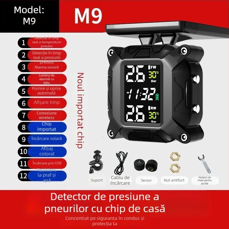 Sistem de monitorizare a presiuniei pneurilor pentru motocicletă, senzor solar wireless extern, model M7, afișaj digital, interval 0.1–6 bar