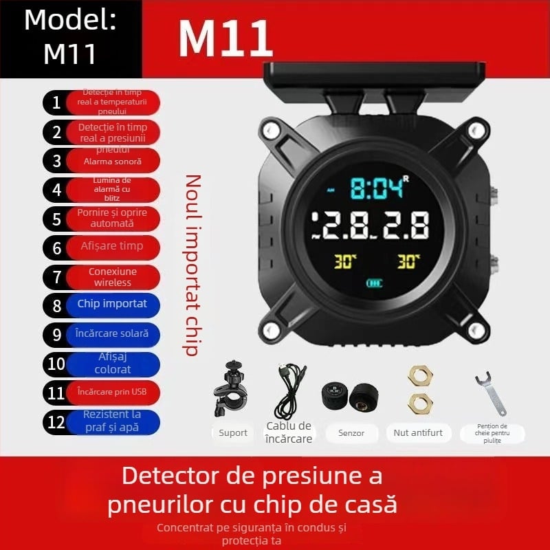Sistem de monitorizare a presiuniei pneurilor pentru motocicletă, senzor solar wireless extern, model M7, afișaj digital, interval 0.1–6 bar