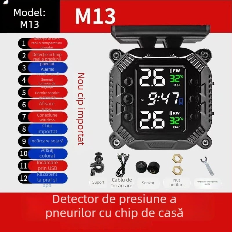 Sistem de monitorizare a presiuniei pneurilor pentru motocicletă, senzor solar wireless extern, model M7, afișaj digital, interval 0.1–6 bar