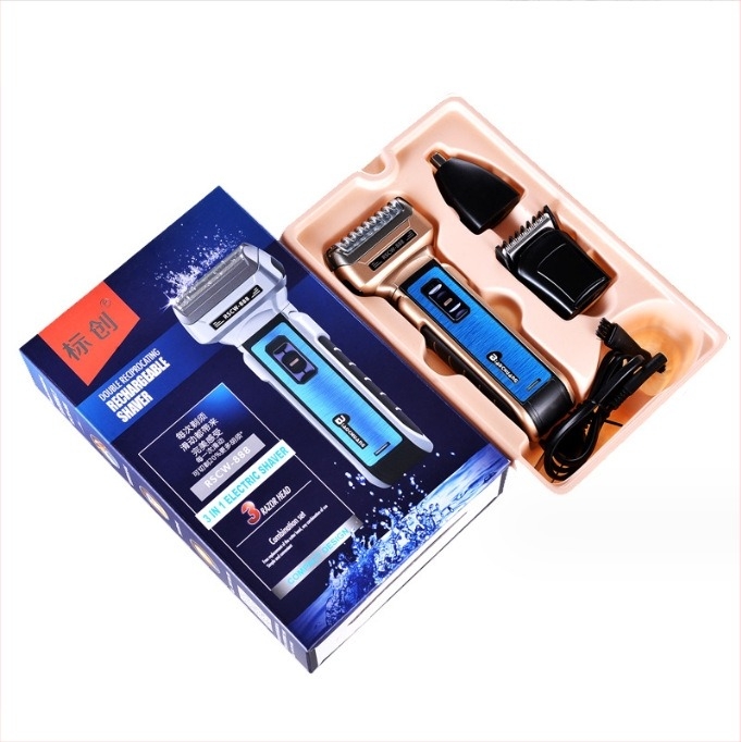 Mașină de ras electrică trei în unu: cap rotativ cu două lame, motor brushless, complet lavabil pe corp, autonomie peste 60 de minute, alimentare duală: încărcare/baterie