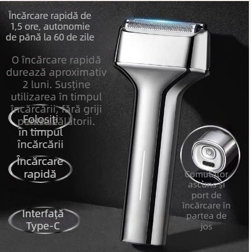 Aparat de ras electric Sulang — cap de ras cu 3 lame în mișcare, cap plutitor, baterie încorporată 300–500 mAh, autonomie 40–60 minute, încărcabil
