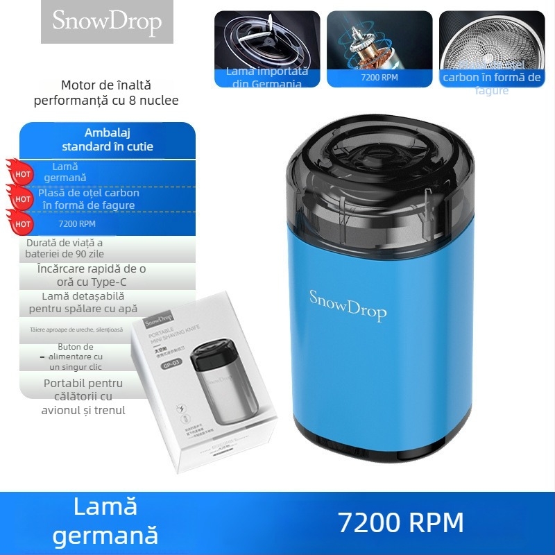 Aparat de ras portabil cu cap rotativ de 3 lame, cap plutitor, cap de curățare detașabil, baterie încorporată 100-300 mAh, autonomie de 30 de zile, motor DC