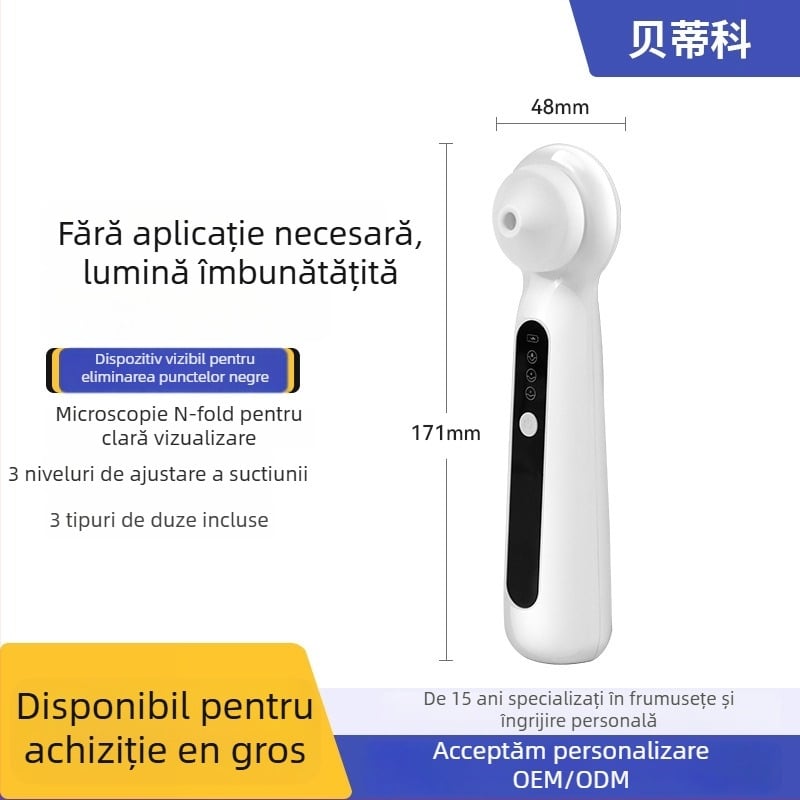 Îndepărtător de comedone cu vibrație ultrasonică, curățare vizuală a porilor, carcasă din silicon, trei trepte de viteză, CE/ROHS